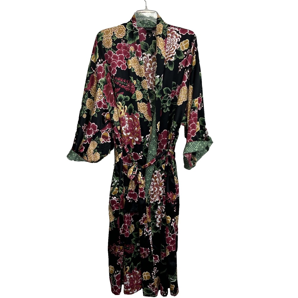 Natori Imperial Floral Kimono Robe Satin Belted Size L Black Purple Pink